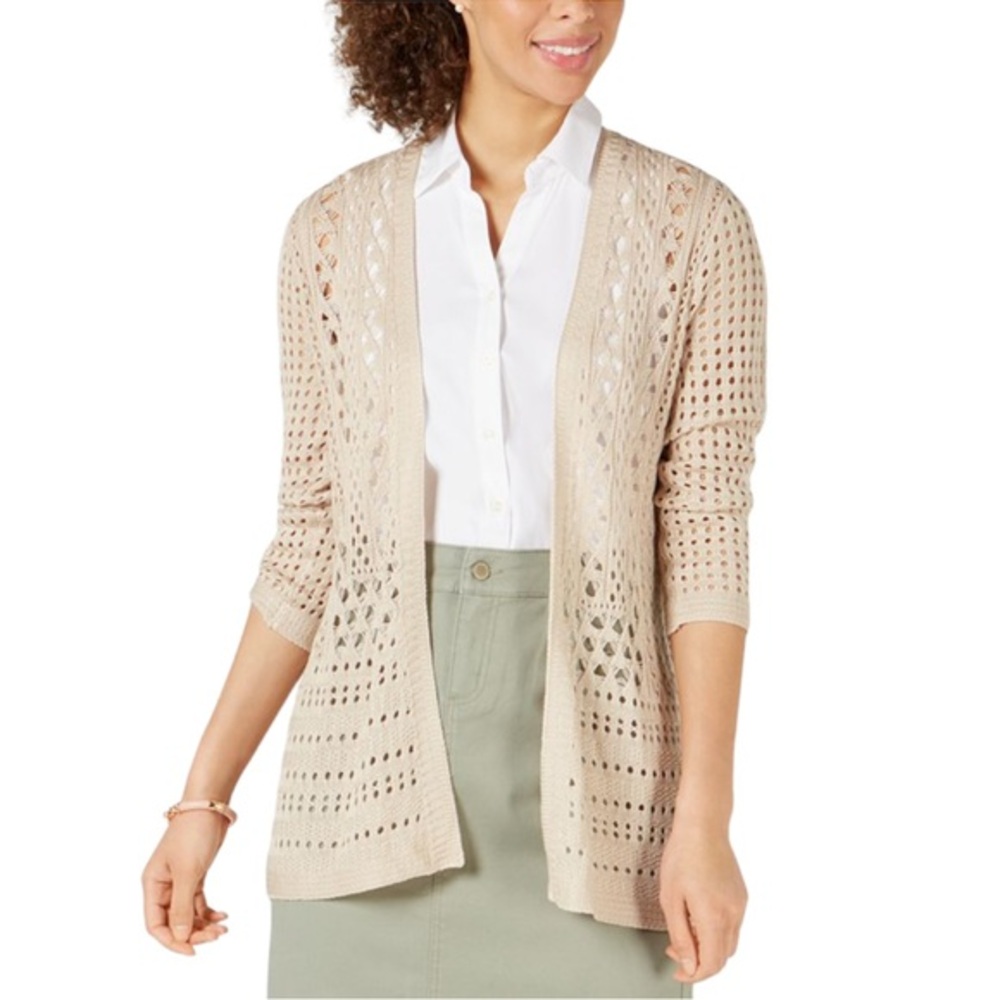 CHARTER CLUB | Petite Open-Stitch Crochet Cardigan